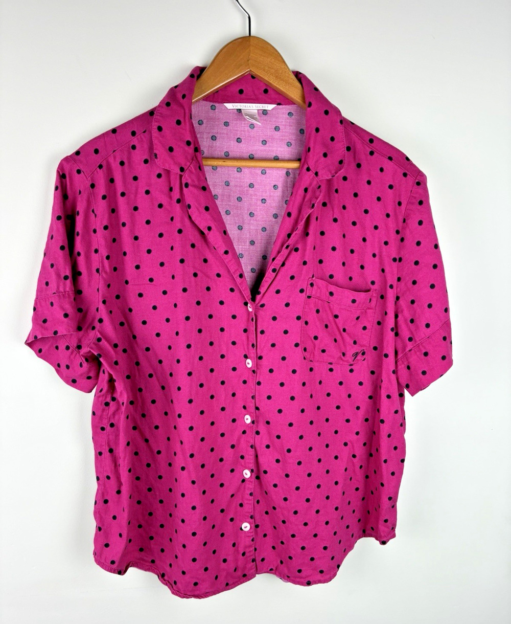 Victoria’s Secret Pajama Top M Pink Black Polka Dot Modal Cotton Button Sleep